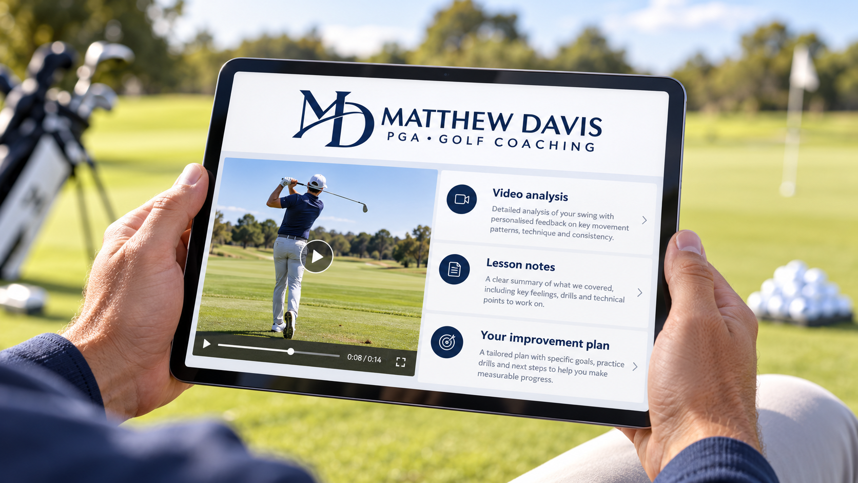Illustrative iPad mockup showing Matthew Davis coaching video analysis, lesson notes and an improvement plan