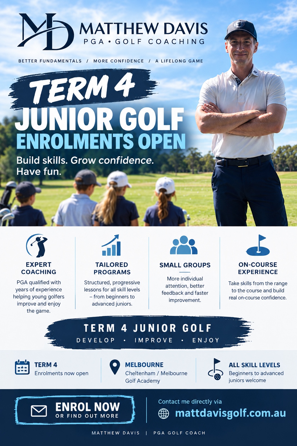 Matthew Davis PGA Term 4 Junior Golf: enrolments open for all skill levels, with expert coaching, tailored programs, small groups and on-course experience.