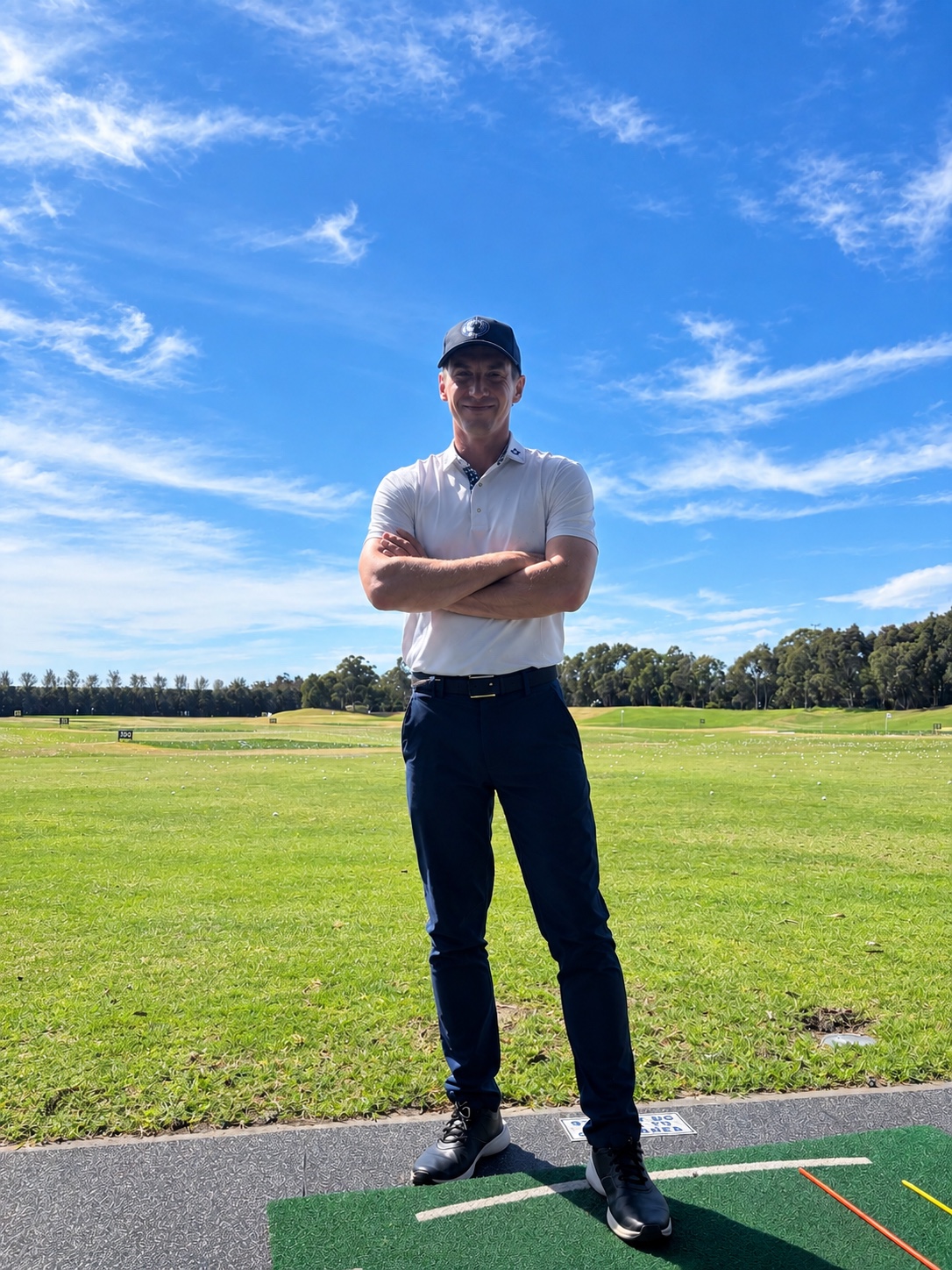 Matthew Davis, PGA golf coach, at the driving range in Heatherton, Melbourne