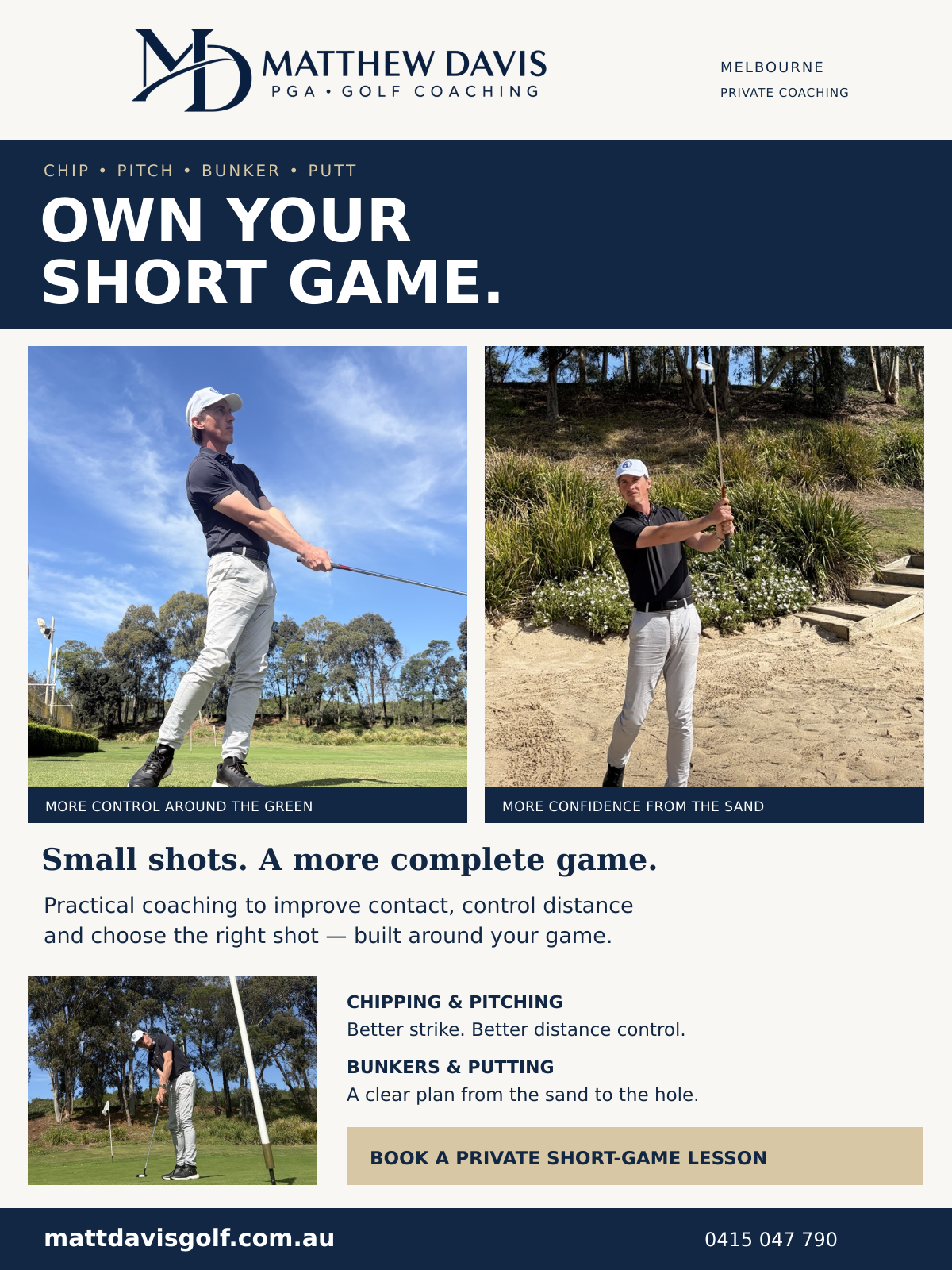 Matthew Davis short-game coaching poster featuring chipping, bunker play and putting